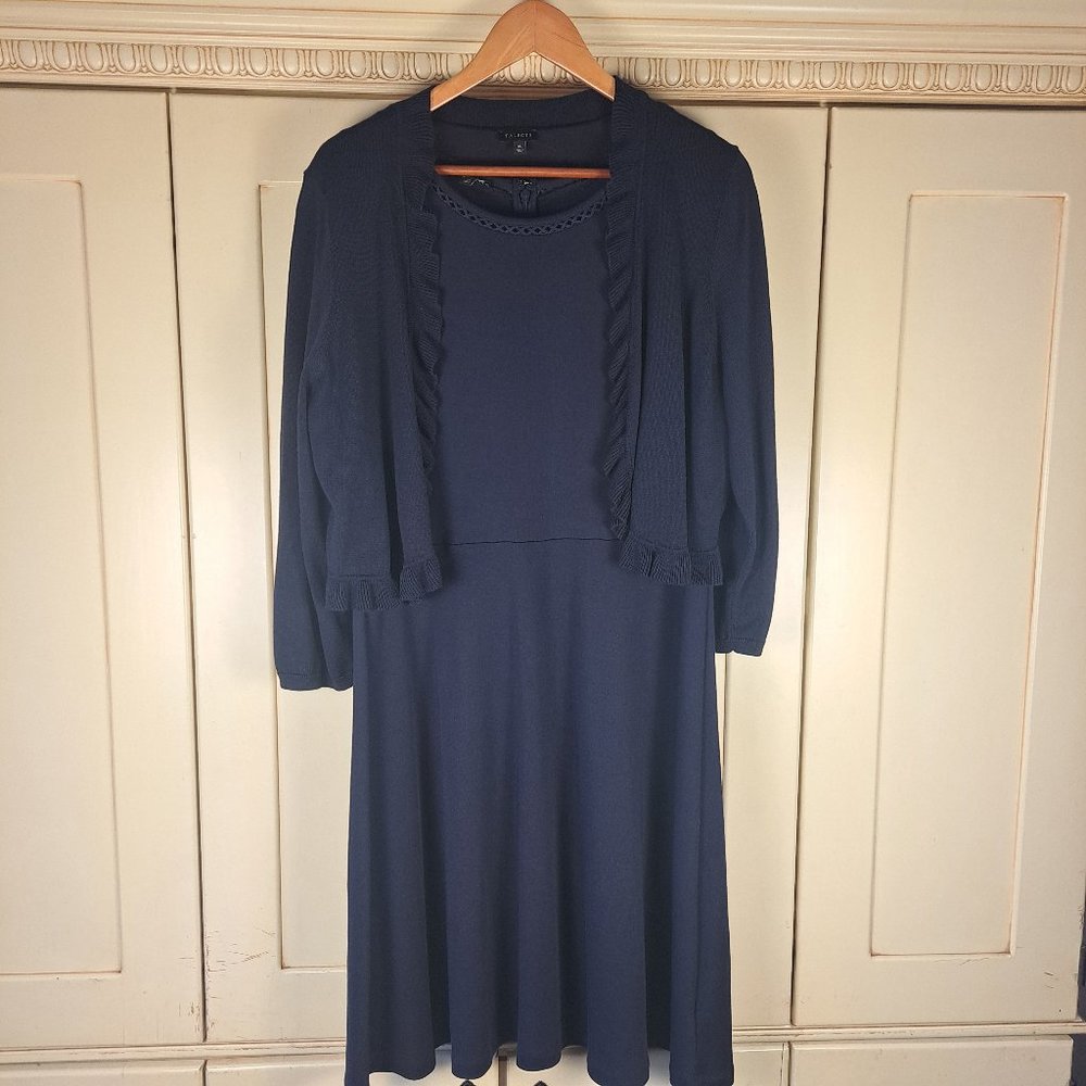Talbots Navy Cap Sleeve Dress with Ruffle Open Front Cardigan Sweater Sz XL